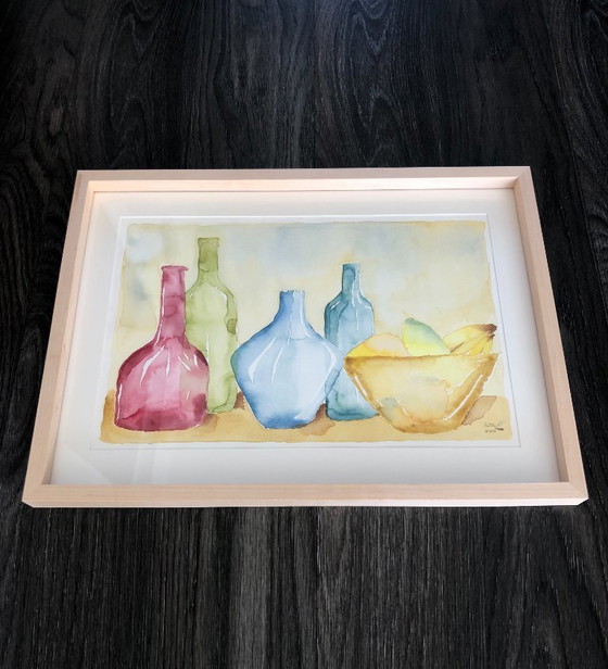Image 1 of Aquarelle aux bouteilles et aux fruits Allemagne, années 90