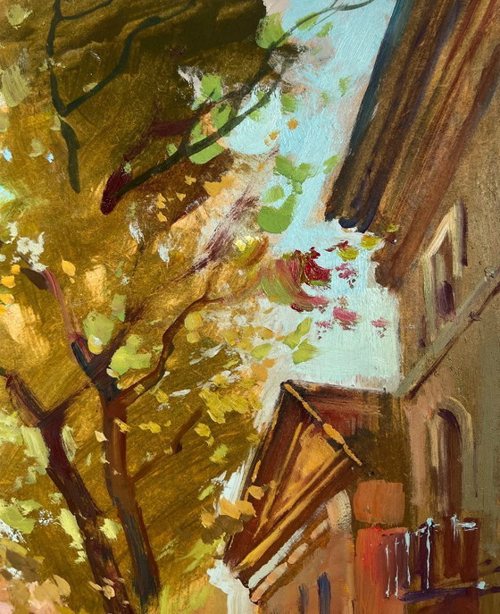 Image 1 of Original Oil Painting City River Landscape City alley with a river