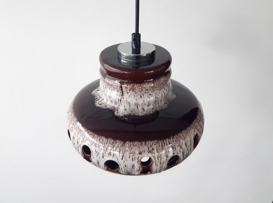 Image 1 of Keramieken aardewerken vintage hanglamp van Herda, west germany fat lava stijl, keramische retro hanglamp, bruin witte hanglamp