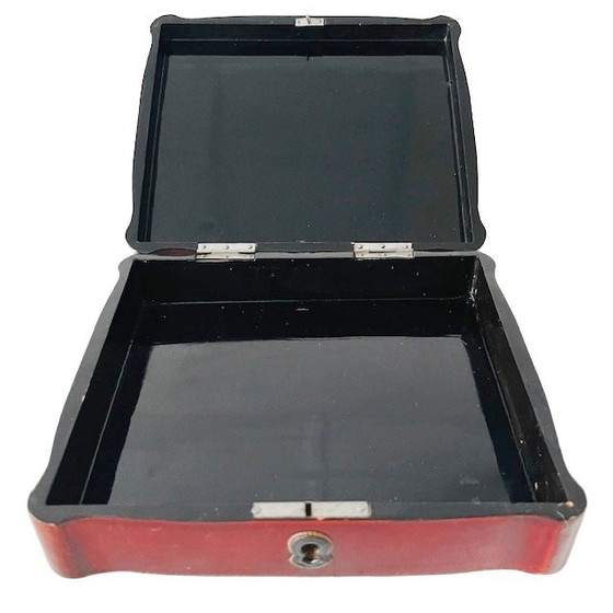 Image 1 of Antique Japanese burgundy red lacquer box, hand-painted with flowers and birds, 1920s