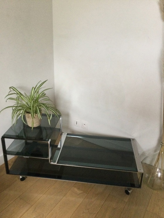 Image 1 of Salontafel / Laag kastje, Italiaans design in gerookt glas en staal