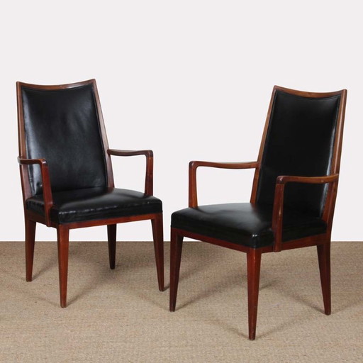 Pair of vintage wooden and leather armchairs from the 1950s