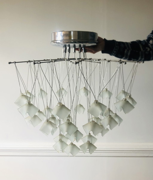 Lucciole cascading chandelier by MetalSpot, Italy, chrome and frosted glass