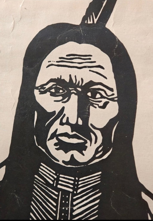Poster van een geboeide indiaan, gemaakt door B. Carter in 1973.