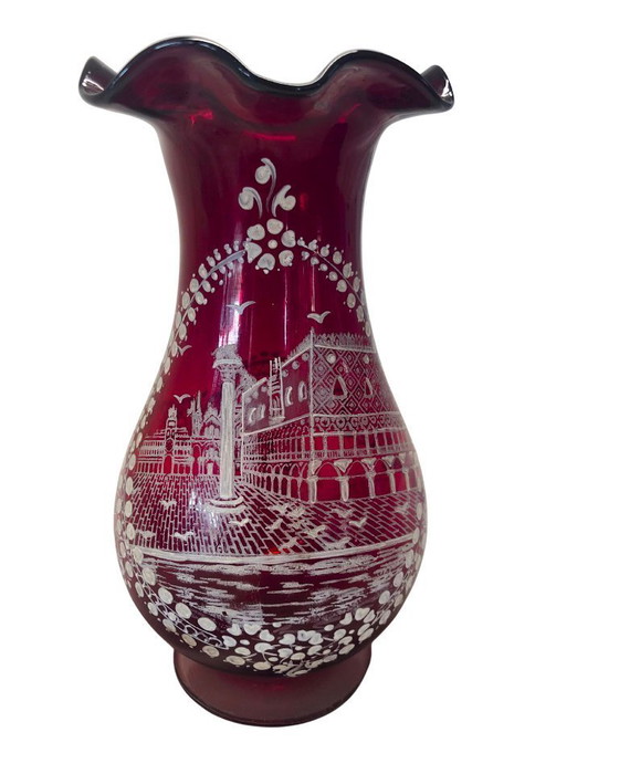 Image 1 of Vintage Bohemian Ruby Red Cut to Clear Glass Vase – Hand Blown Etched City Scene