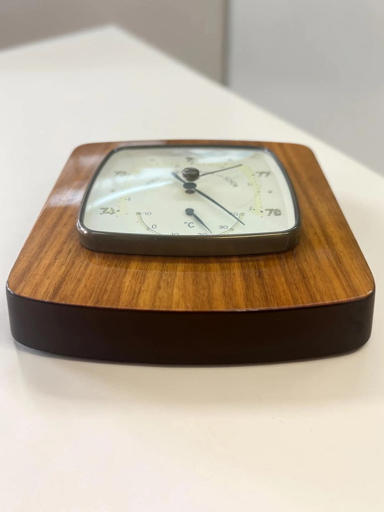 Vintage Mid Century Weather Station 1960s Wooden Barometer Thermometer Wall Unit Danish Modern Teak Look (photo 4 of 7)