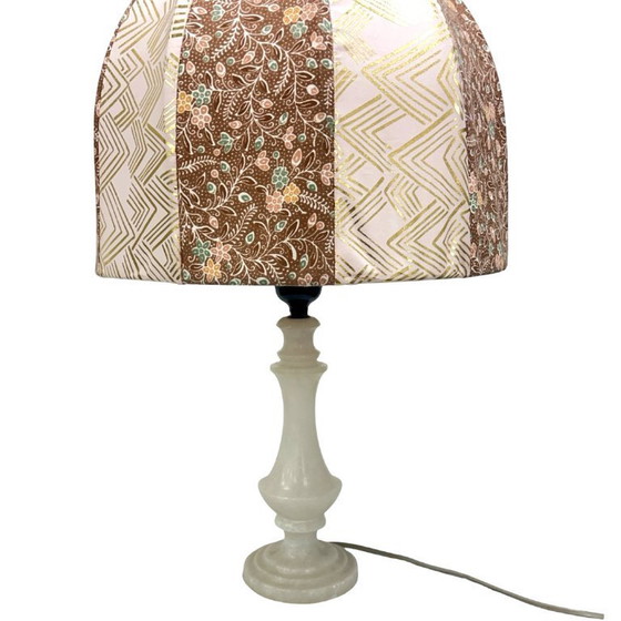 Image 1 of Lampe de table italienne vintage en albâtre/onyx, abat-jour cousu à la main, années 1960.