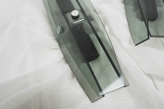 Image 1 of Veca Grey Smoked Glass Vintage Italian Wall Sconces Set of 2 Fontana Arte Mid Century Modern Faceted Glass Pair of Lamps