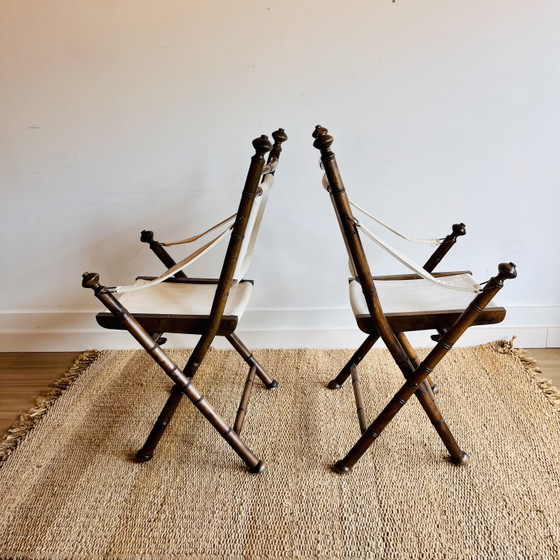2 vintage campagne stoelen faux bamboo | jaren 70/80 Vintage – Eetkamerstoelen, Canvas, Wood (photo 7 of 12)