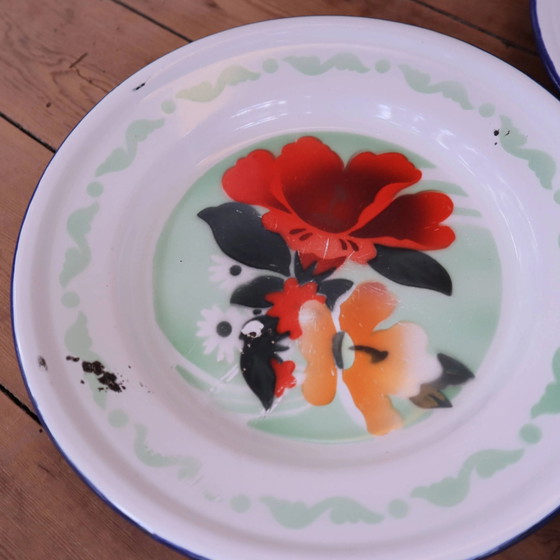 7 bedruckte florale Emaille-Teller "bon voyage" Made in China – Geschirr, Vintage (photo 10 of 12)