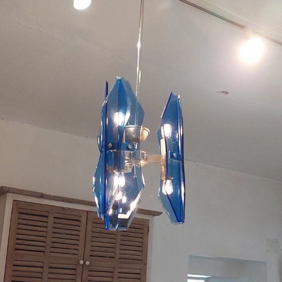 Image 1 of Italiaanse blauwe glazen hanglamp uit het midden van de 20e eeuw van Veca
