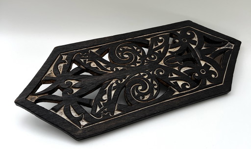 Hand-carved ethnographic wall relief – dark hardwood – fully openwork