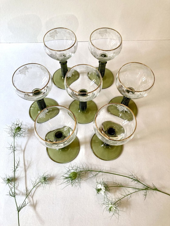 Image 1 of 7 Roemer Alsace wine glasses, moss green stepped stems and gold rim