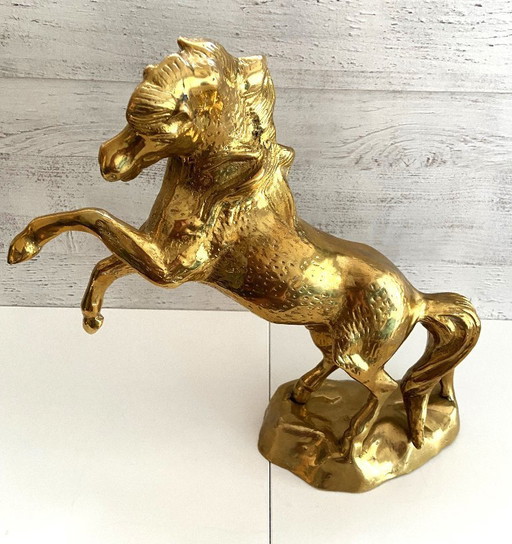 Skulptur Statue Figur Vintage Cabré Pferd in Massiv Bronze Vergoldet 1960 - 1970