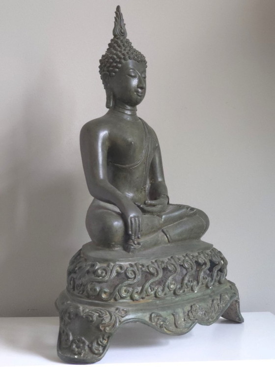Antieke Bronzen Thaise Sukhothai Boeddha Akshobhya (47 cm) – Beeldhouwkunst (photo 6 of 14)