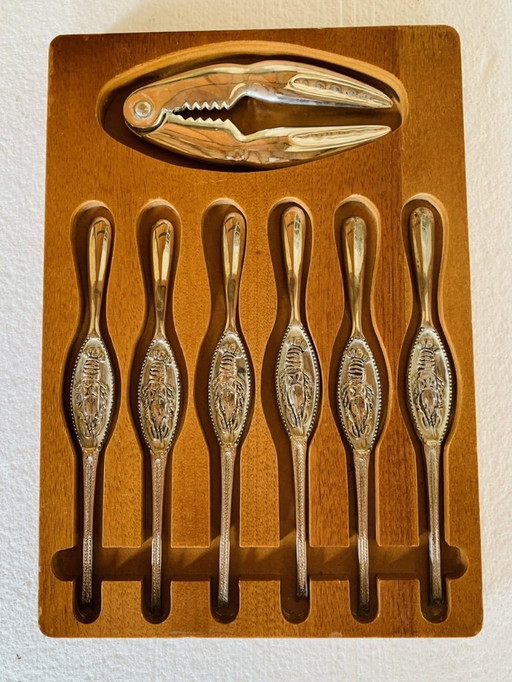 Vintage, Silver-Plated Lobster Forks & Cracker by Silea, Set of 7