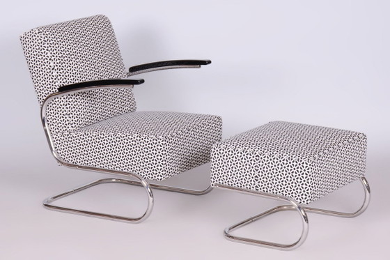 Restored Bauhaus Armchair With Foot Stool, By Mücke-Melder, Steel, Czech, 1930s – Metal, Textile (photo 4 of 8)
