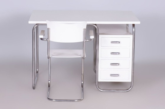 Gerestaureerd Bauhaus schrijfbureau met stoel, chroom, staal, hout, Tsjechisch, jaren 1930 – Metal, Wood (photo 4 of 7)