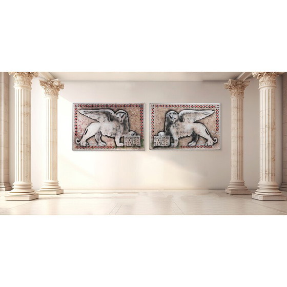 Image 1 of Pair of vintage paintings "lions of Venice" by Gio Magri, Italy 1970