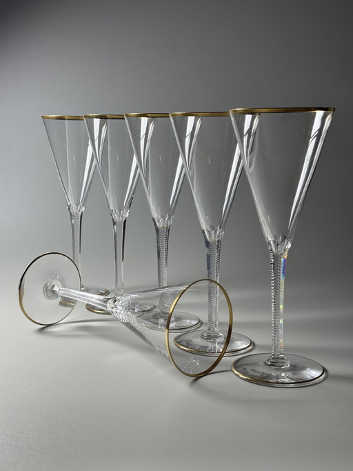 Josephinenhütte “Josephine” Champagne Glasses, Gold Rim, circa 1900 (Set of 6)