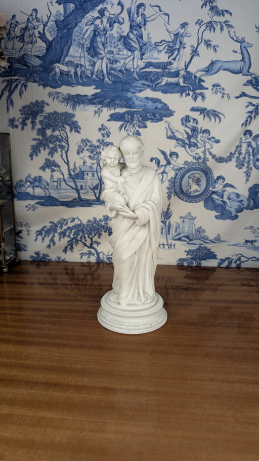 St. Joseph and baby Jesus statue in cookie porcelain, early 20th century