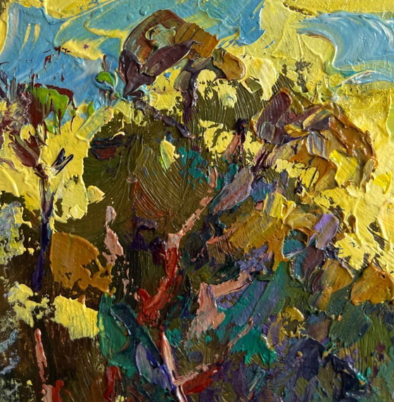 Image 1 of Original Oil Painting Evening Village Landscape Village near the forest