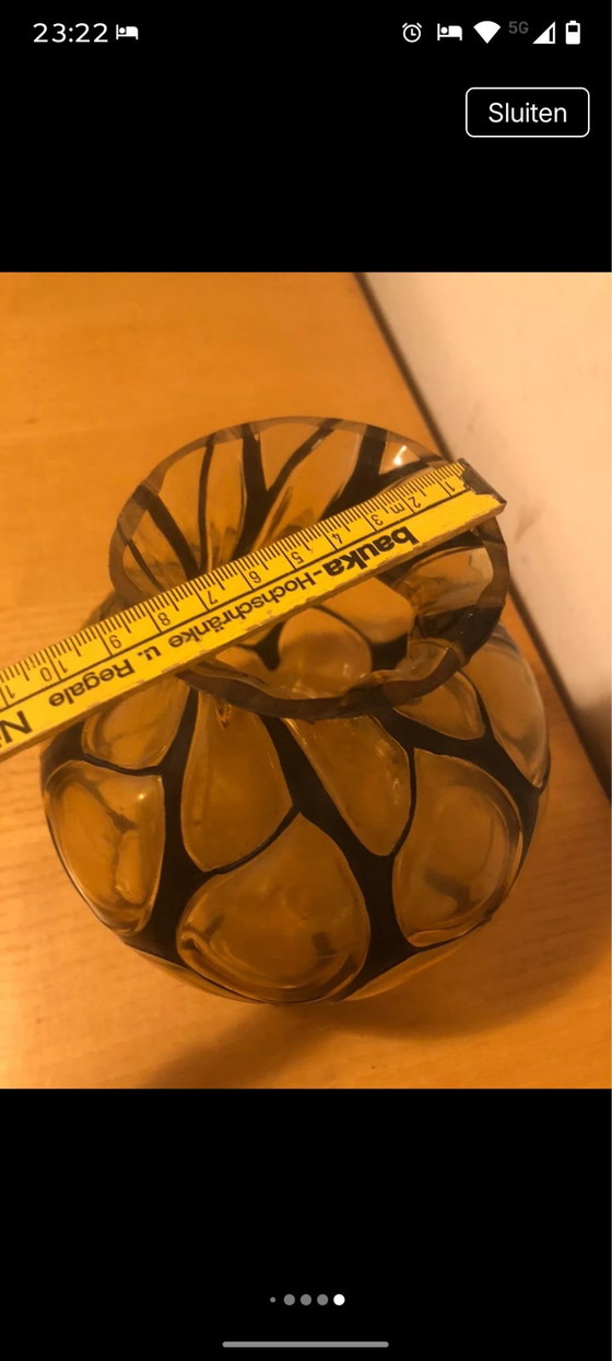 Beautiful Hand-Blown Studio Art Glass Vase, Amber & Black Web Pattern (photo 2 of 5)
