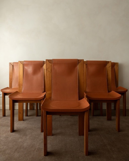 Brutalistische iep en lederen eetkamerstoelen van Giovanni Luigi Gorgoni voor Roche Bobois, jaren 70, set van 7