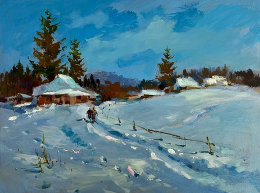 Pintura al óleo original: Paisaje invernal de un pueblo a lo largo del camino nevado.