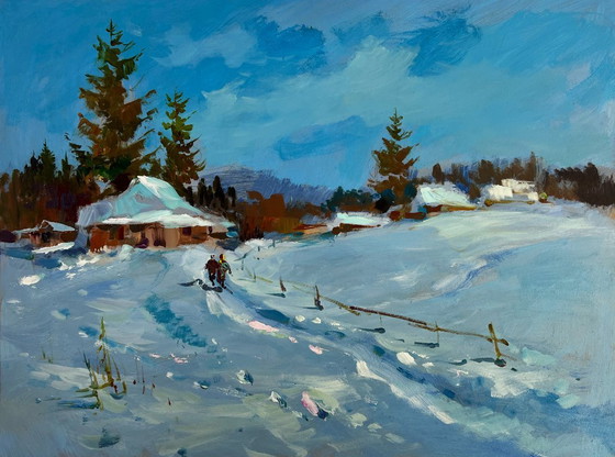 Image 1 of Original Oil Painting Winter Village Landscape Along the snowy path