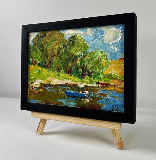 Original Oil Painting Summer Coastal Landscape Willows by the pond