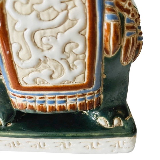 Image 1 of Vintage Oosterse olifant keramiek groen plantenstandaard boho 1970's