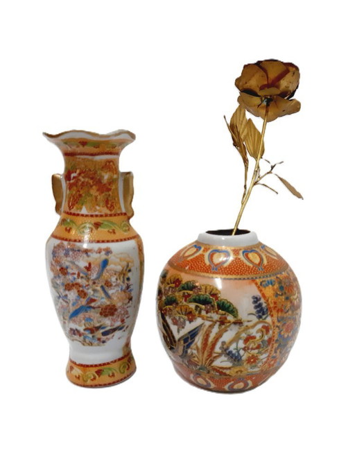 Two Vintage Chinese porcelain vases and brass rose