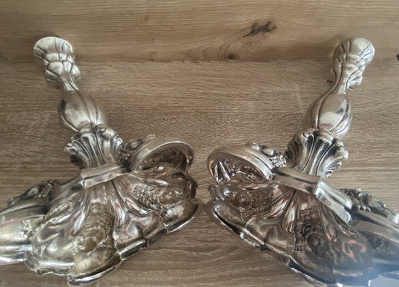 Image 1 of Antikes Paar Kerzenhalter Fackeln Massivsilber Einhorn-Stempel Anfang 19.