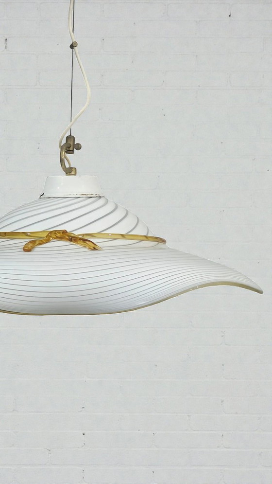 Image 1 of Mid-Century Italian Murano Glass Hat Lamp – Handblown Filigrana & Amber Bow