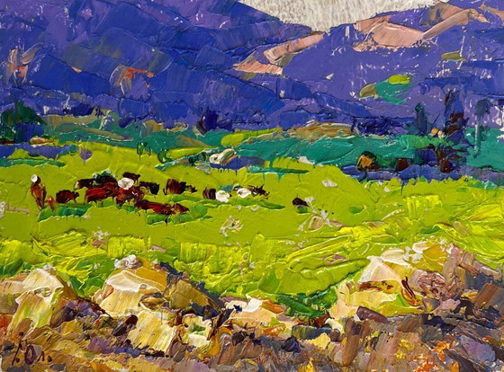 Image 1 of Original Oil Painting Spring Field Landscape In the spring meadows