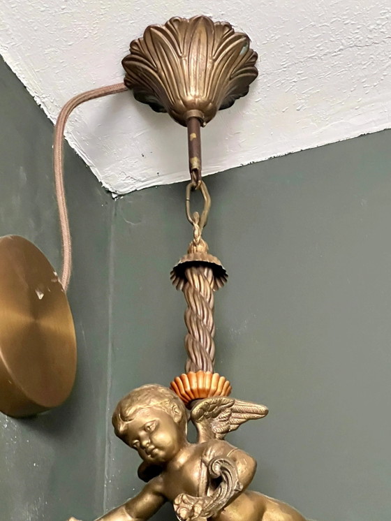 Originele Art Nouveau Lamp met vliegende bronzen cherubijn en kristalglas, circa 1915. Vintage Bronzen Engel (photo 4 of 10)
