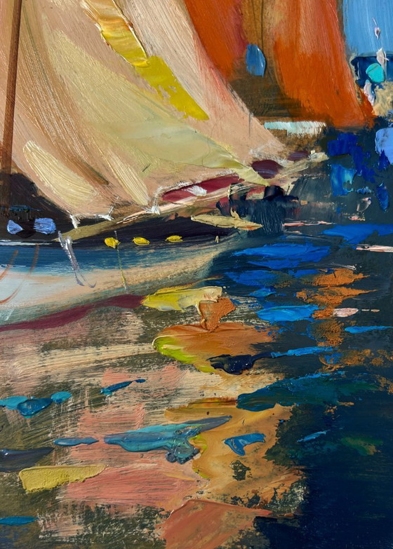 Image 1 of Original Oil Painting Summer Sea Landscape Sail full of wind