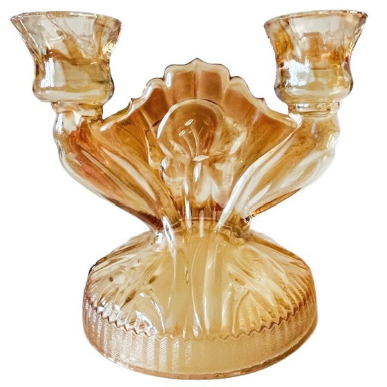 Image 1 of Vintage pair of Jeanette Carnival glass peach candlesticks art deco 1930s