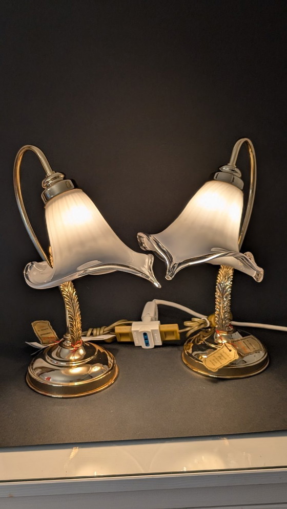 Image 1 of Refined Pair of Murano Calla Lamps, Vintage New Old Stock, 24kt Gold