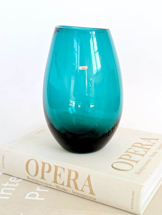 Image 1 of Midcentury Karl Friedrich Glas Mouth-Blown Teal Glass Vase, Votive Holder, 1960s German Art Glass