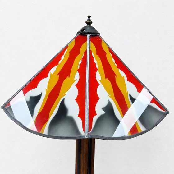 Image 1 of Amsterdam School / Art Deco floor lamp stained glass shade (geometric design) oak base