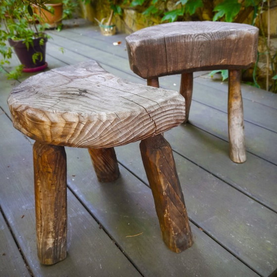 Image 1 of Pair of Brutalist tripod stools in grey pine. France, 50s