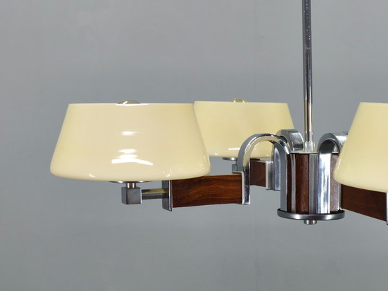 Image 1 of Art Deco kroonluchter van chroom, hout en glas, Tsjechoslowakije