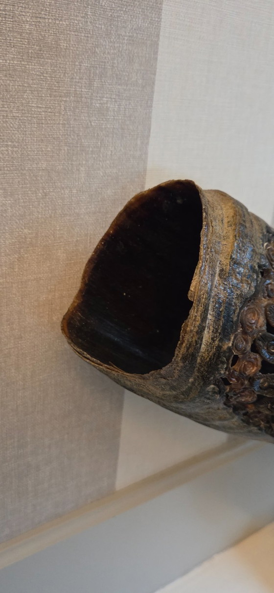 Image 1 of Large carved buffalo horn on a base (ref 4168)