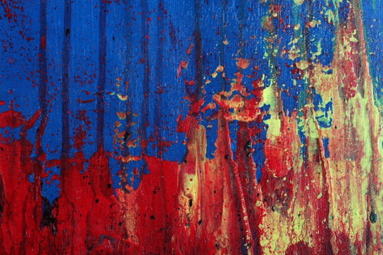 Image 1 of Contemporary abstract artwork in blue, red,black, yelow on stretched canvas