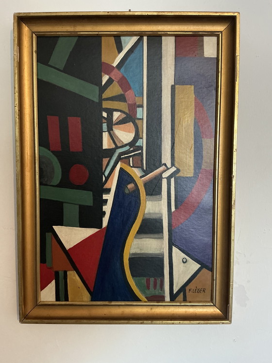 Image 1 of Dipinto astratto in stile cubista – Firmato – Olio su tela con cornice dorata