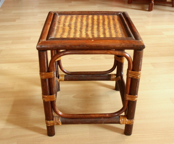 Handcrafted Rattan, Bamboo, Wood Plant Stand - Vintage 70s, Plant pot, Wicker, Brown, 1970 (photo 3 of 11)