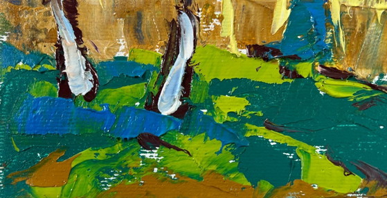 Image 1 of Origineel olieverfschilderij: Kleurrijk dorpslandschap, ontwakende lente
