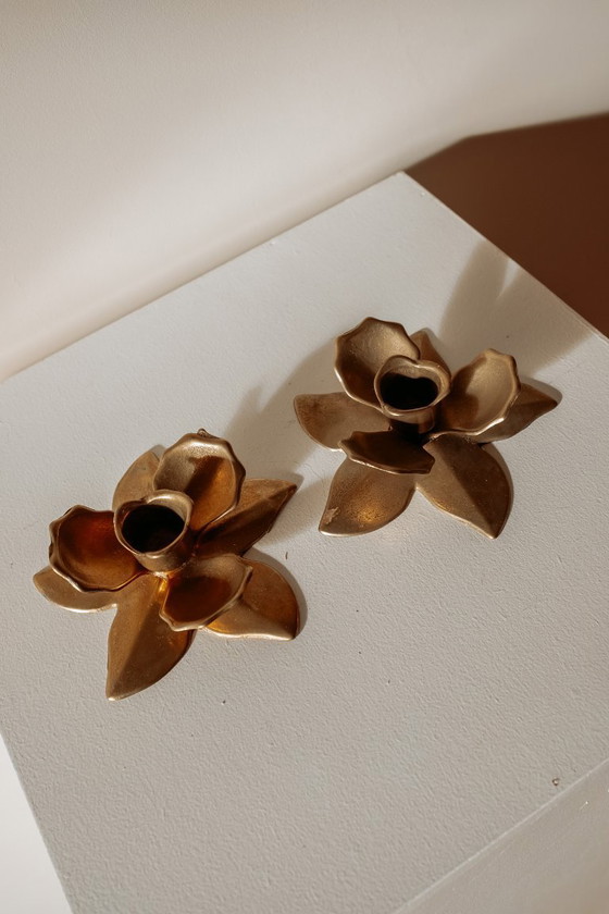 Image 1 of Set of 2 vintage brass flower candlesticks
